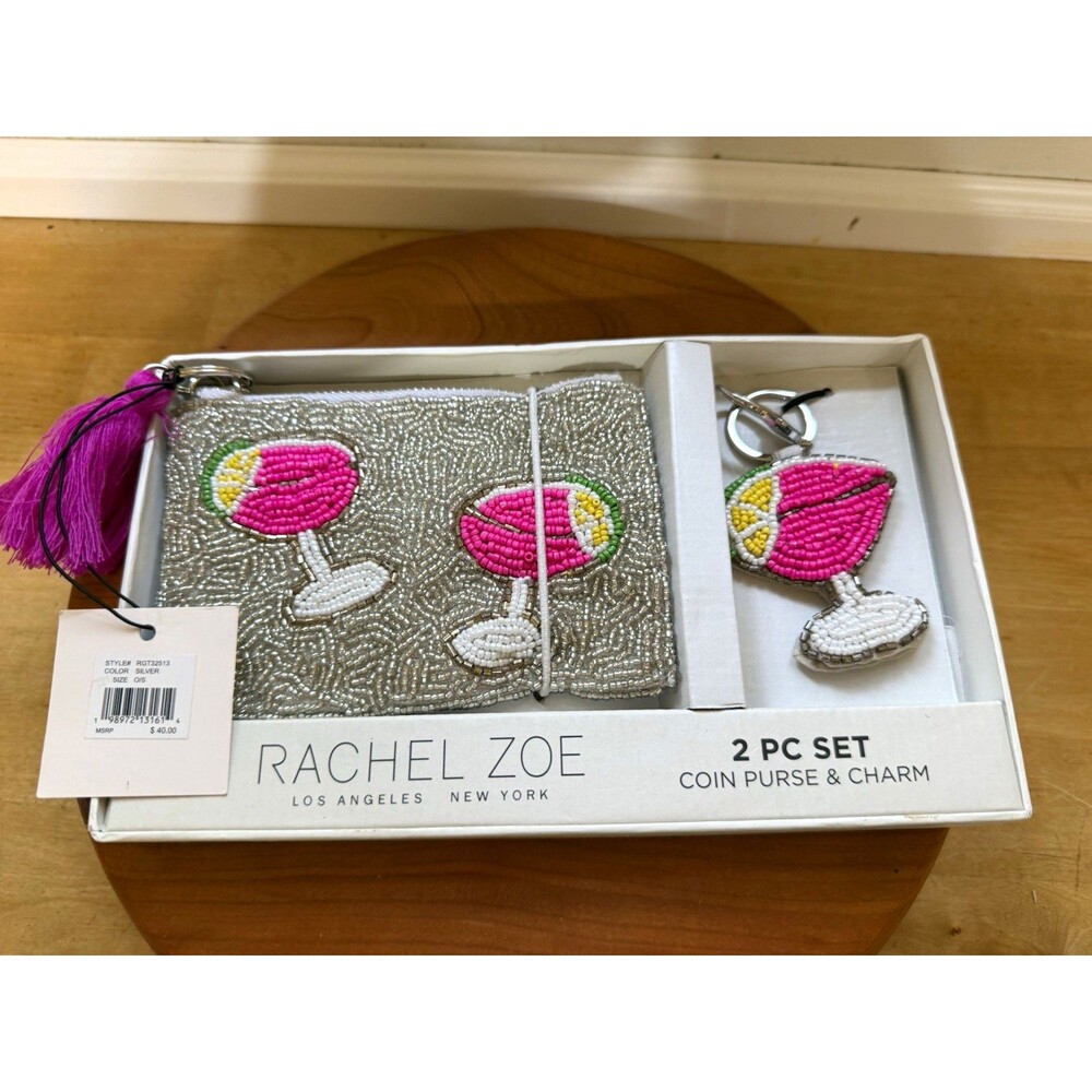 Rachel Zoe Silver Beaded Floral Coin Purse & Charm Key Fob 2 Pc Set Folding